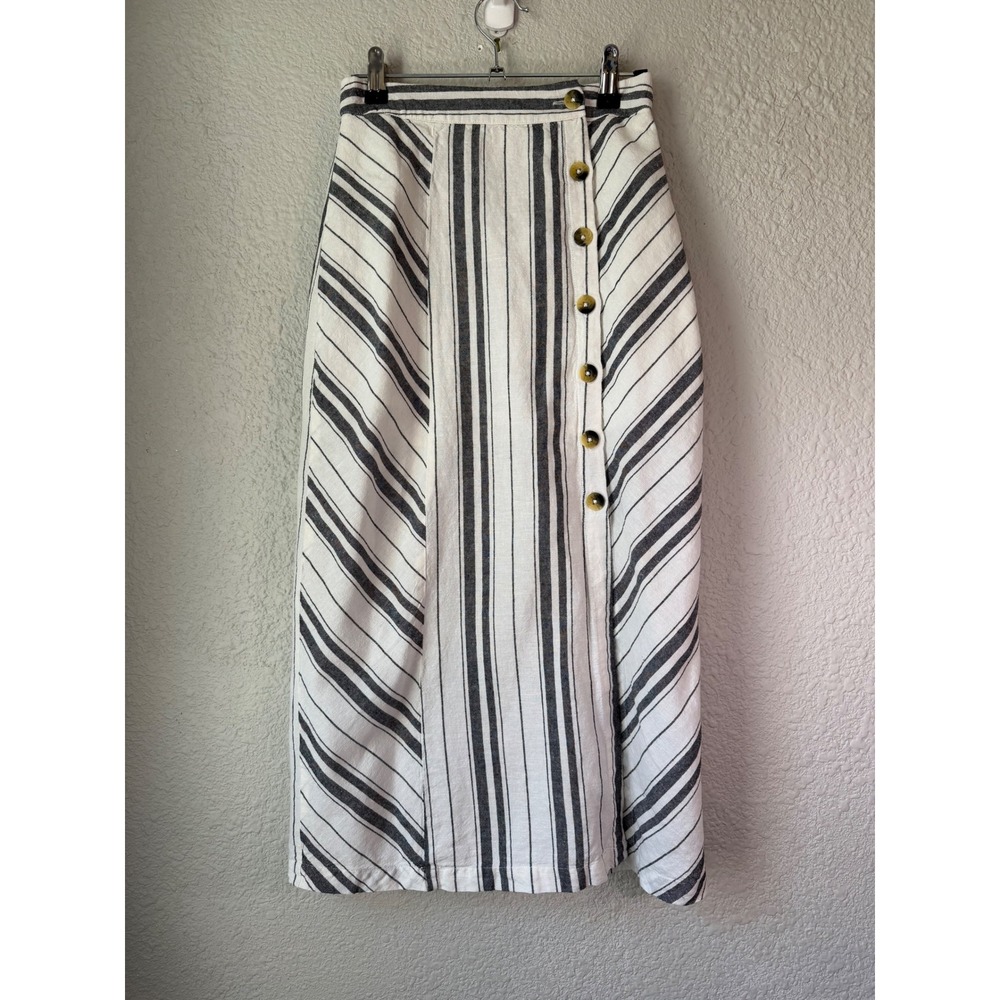 Free People Striped Linen Cotton Blend Button Front Skirt Ivory Black Size 0